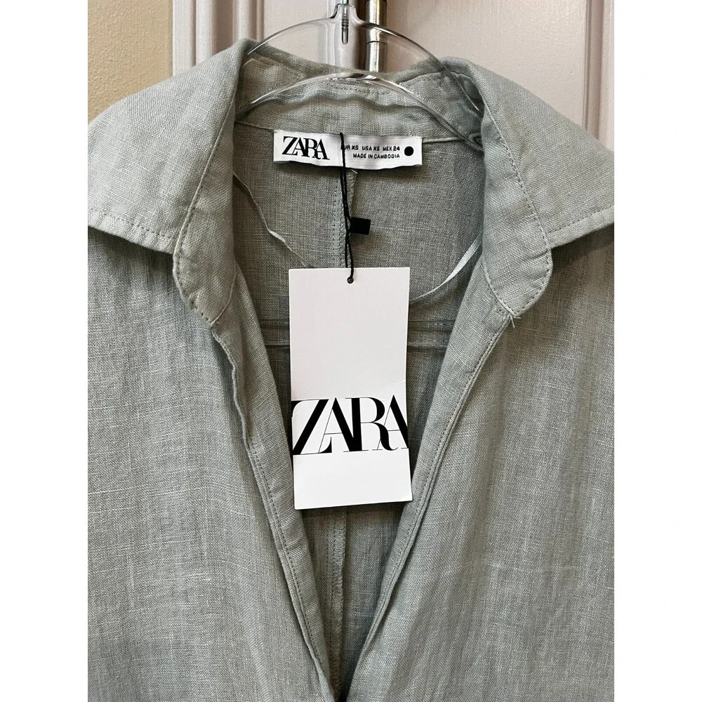 Zara NWT Sage Green Lovina Linen Short Sleeve Button Front Midi Dress sz XS NEW - Picture 7 of 15